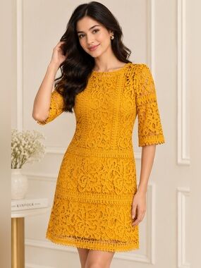 Little Mistress Mustard Yellow Lace Mini Dress Size US 4 / UK 8